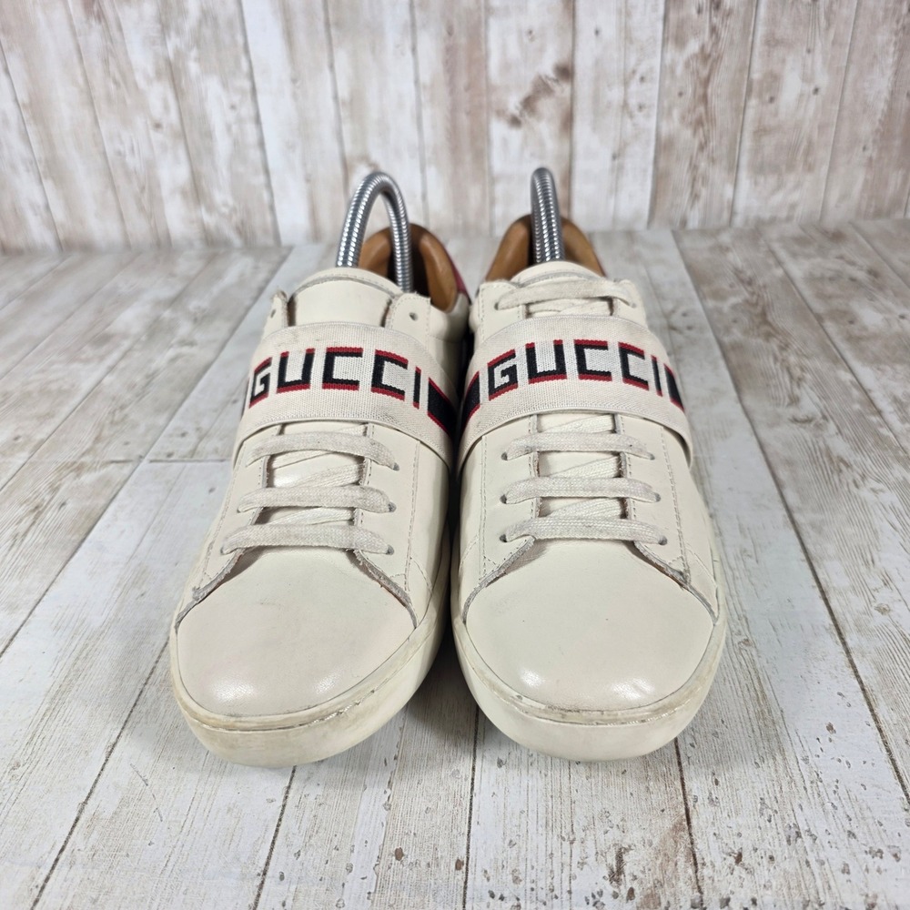 Gucci Sneakers Women's Cream Leather Red Metallic Accent Low Top‎ Designer Shoes - Picture 4 of 8